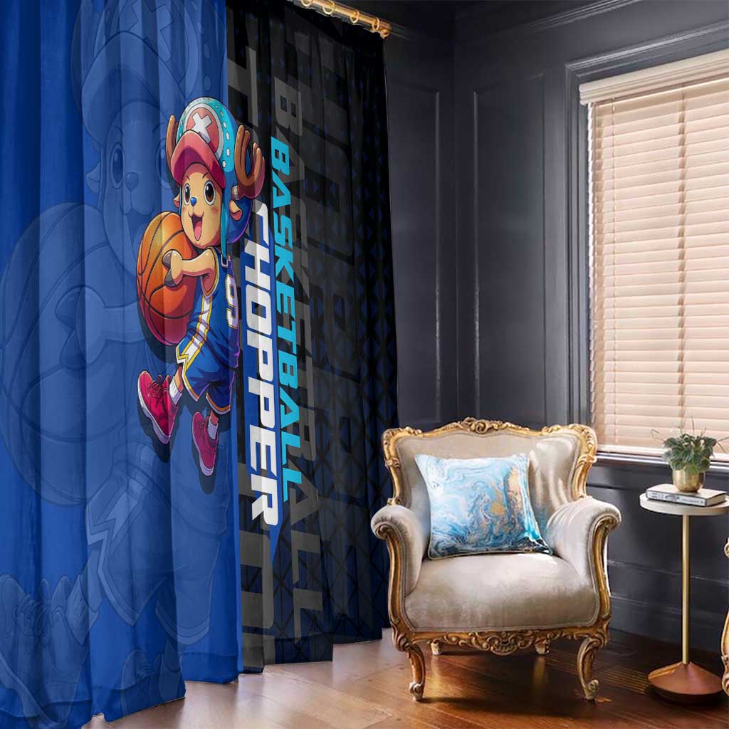 Tony Tony Chopper One Piece Basketball Theme Blue and Black Design Window Curtain with Straw Hat Crew Emblem and Playful Pose - The Mazicc