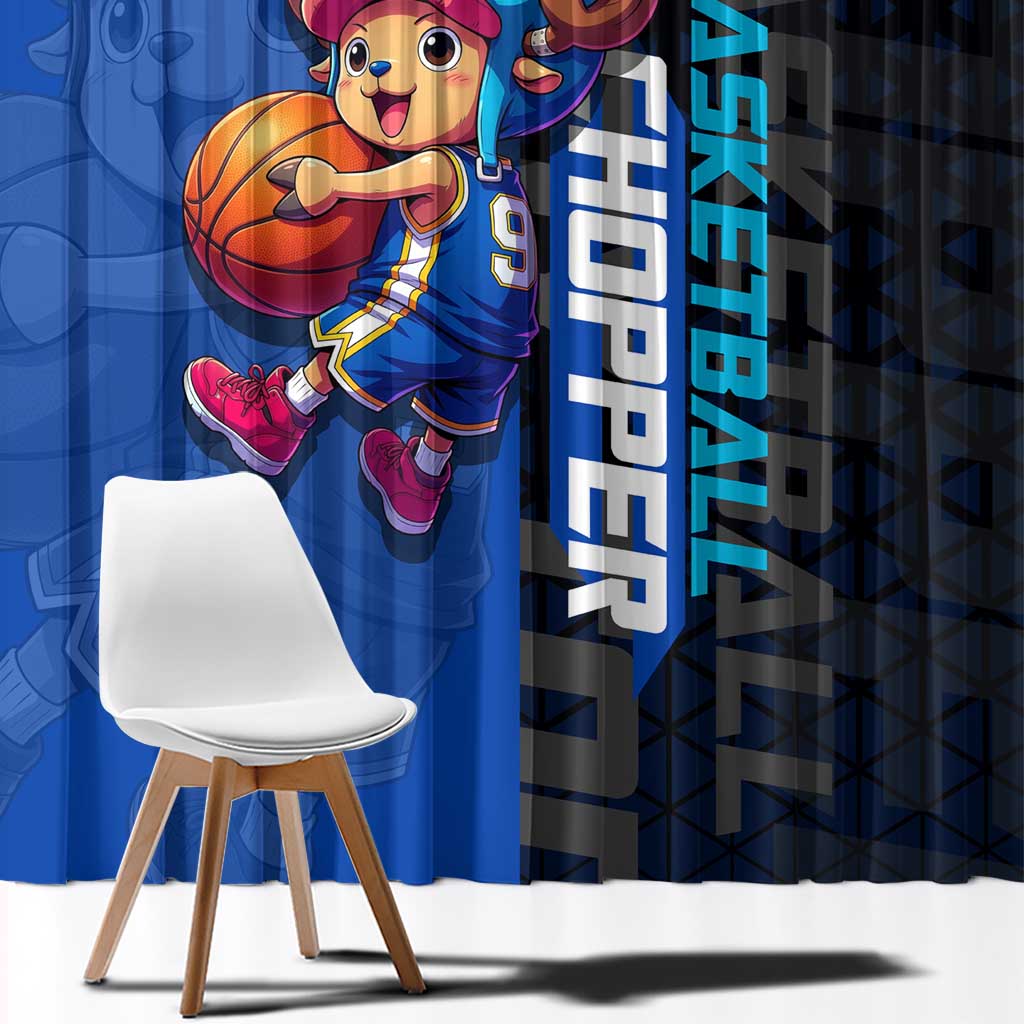 Tony Tony Chopper One Piece Basketball Theme Blue and Black Design Window Curtain with Straw Hat Crew Emblem and Playful Pose - The Mazicc
