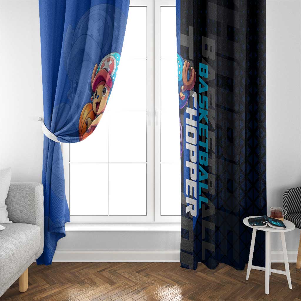 Tony Tony Chopper One Piece Basketball Theme Blue and Black Design Window Curtain with Straw Hat Crew Emblem and Playful Pose - The Mazicc