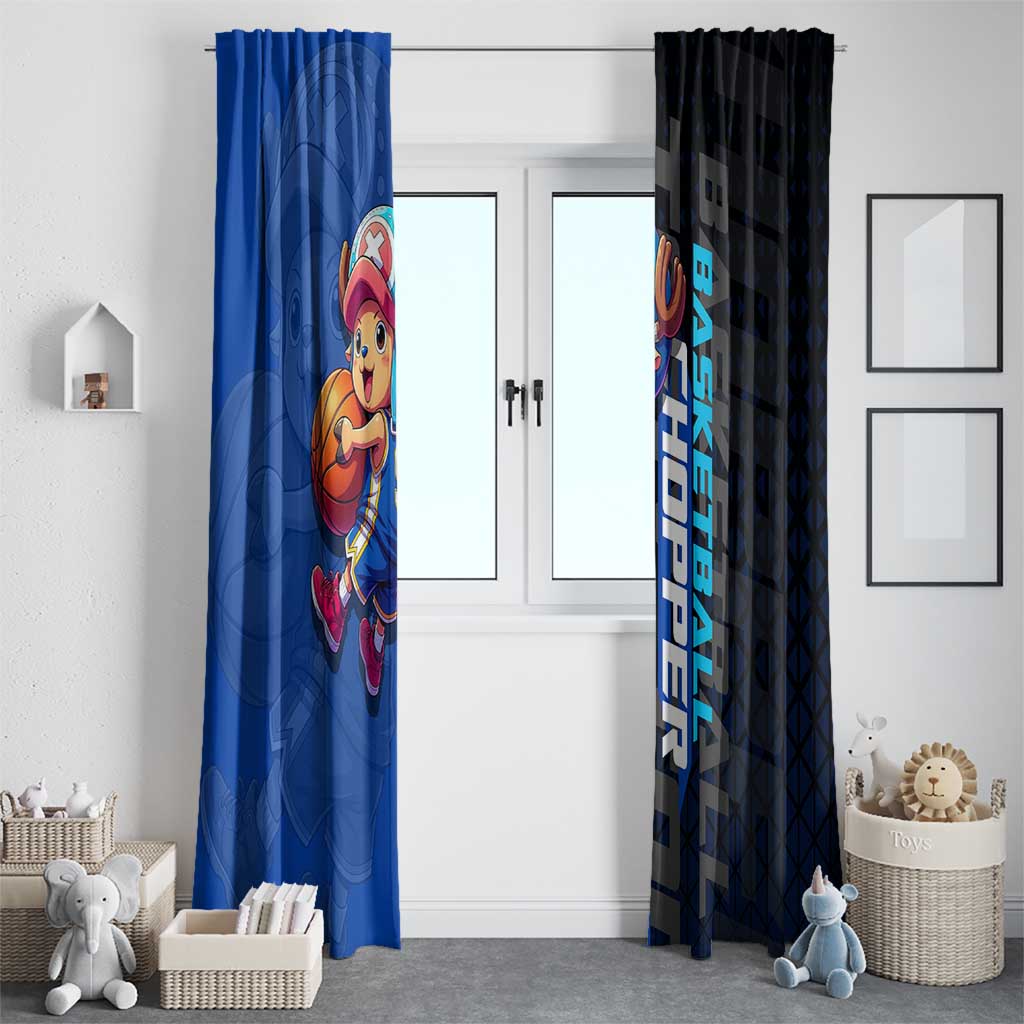Tony Tony Chopper One Piece Basketball Theme Blue and Black Design Window Curtain with Straw Hat Crew Emblem and Playful Pose - The Mazicc