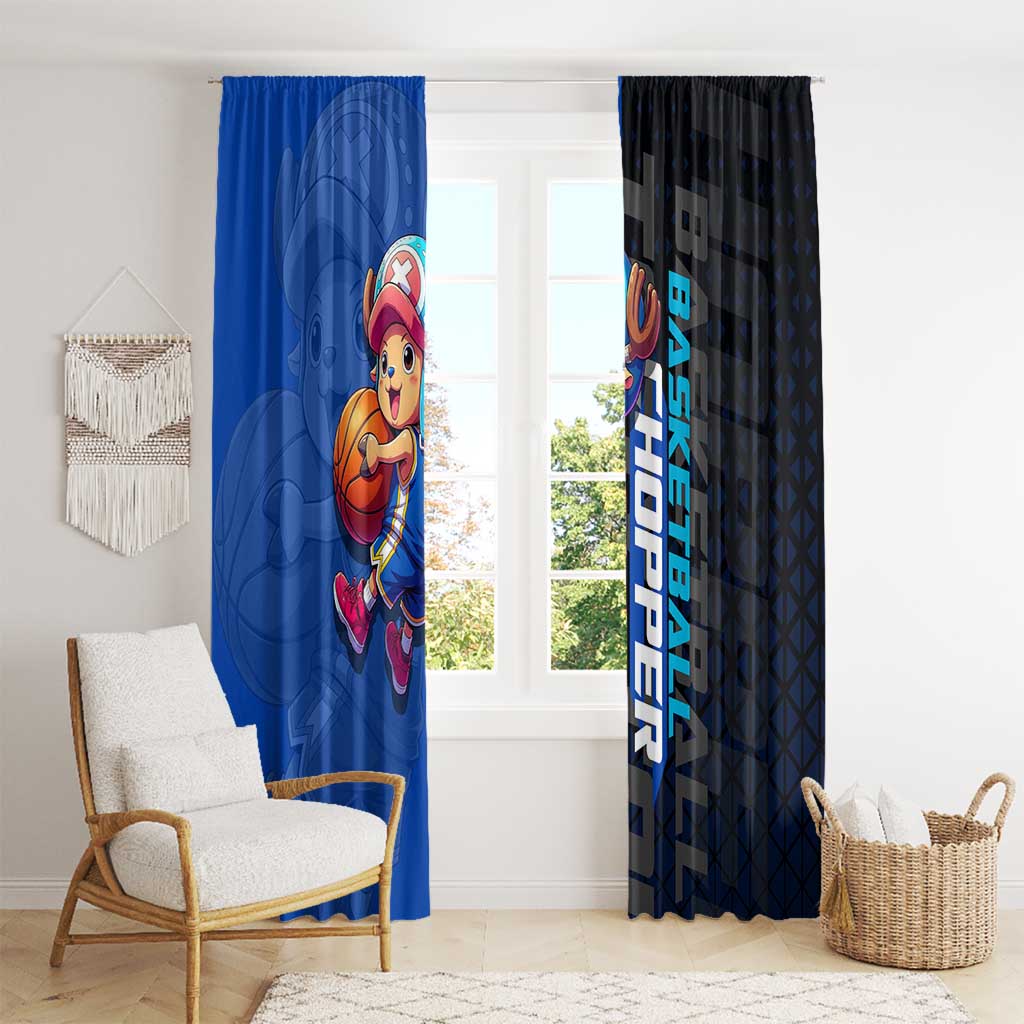 Tony Tony Chopper One Piece Basketball Theme Blue and Black Design Window Curtain with Straw Hat Crew Emblem and Playful Pose - The Mazicc