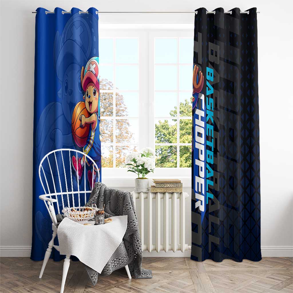 Tony Tony Chopper One Piece Basketball Theme Blue and Black Design Window Curtain with Straw Hat Crew Emblem and Playful Pose - The Mazicc