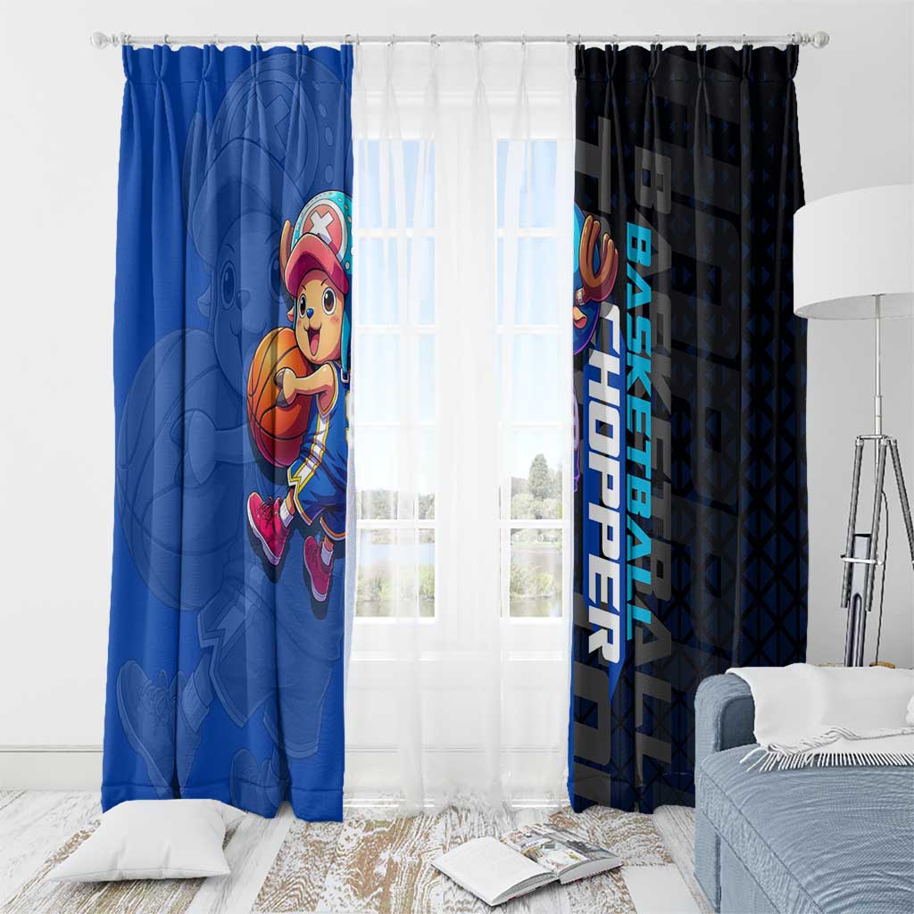Tony Tony Chopper One Piece Basketball Theme Blue and Black Design Window Curtain with Straw Hat Crew Emblem and Playful Pose - The Mazicc