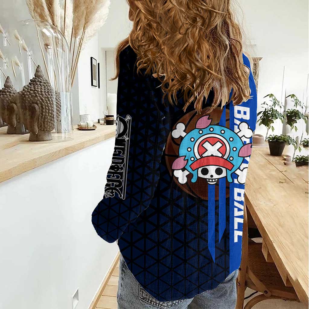 Tony Tony Chopper One Piece Basketball Theme Blue and Black Design Women Casual Shirt with Straw Hat Crew Emblem and Playful Pose - The Mazicc