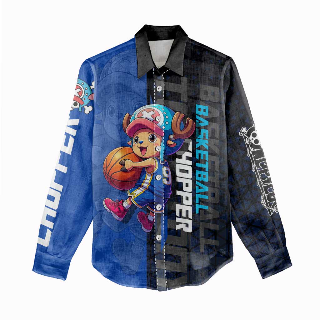 Tony Tony Chopper One Piece Basketball Theme Blue and Black Design Women Casual Shirt with Straw Hat Crew Emblem and Playful Pose - The Mazicc