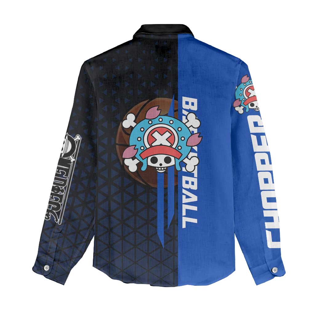 Tony Tony Chopper One Piece Basketball Theme Blue and Black Design Women Casual Shirt with Straw Hat Crew Emblem and Playful Pose - The Mazicc