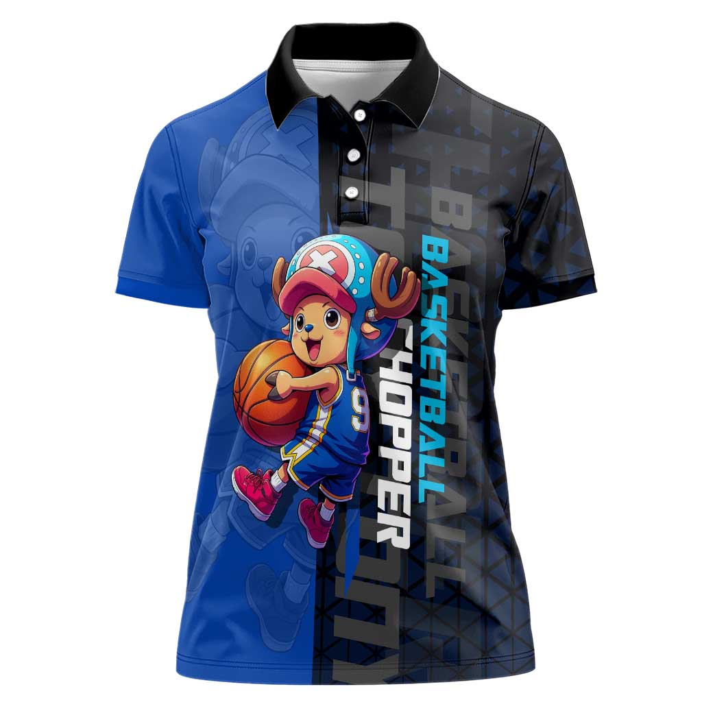 Tony Tony Chopper One Piece Basketball Theme Blue and Black Design Women Polo Shirt with Straw Hat Crew Emblem and Playful Pose - The Mazicc