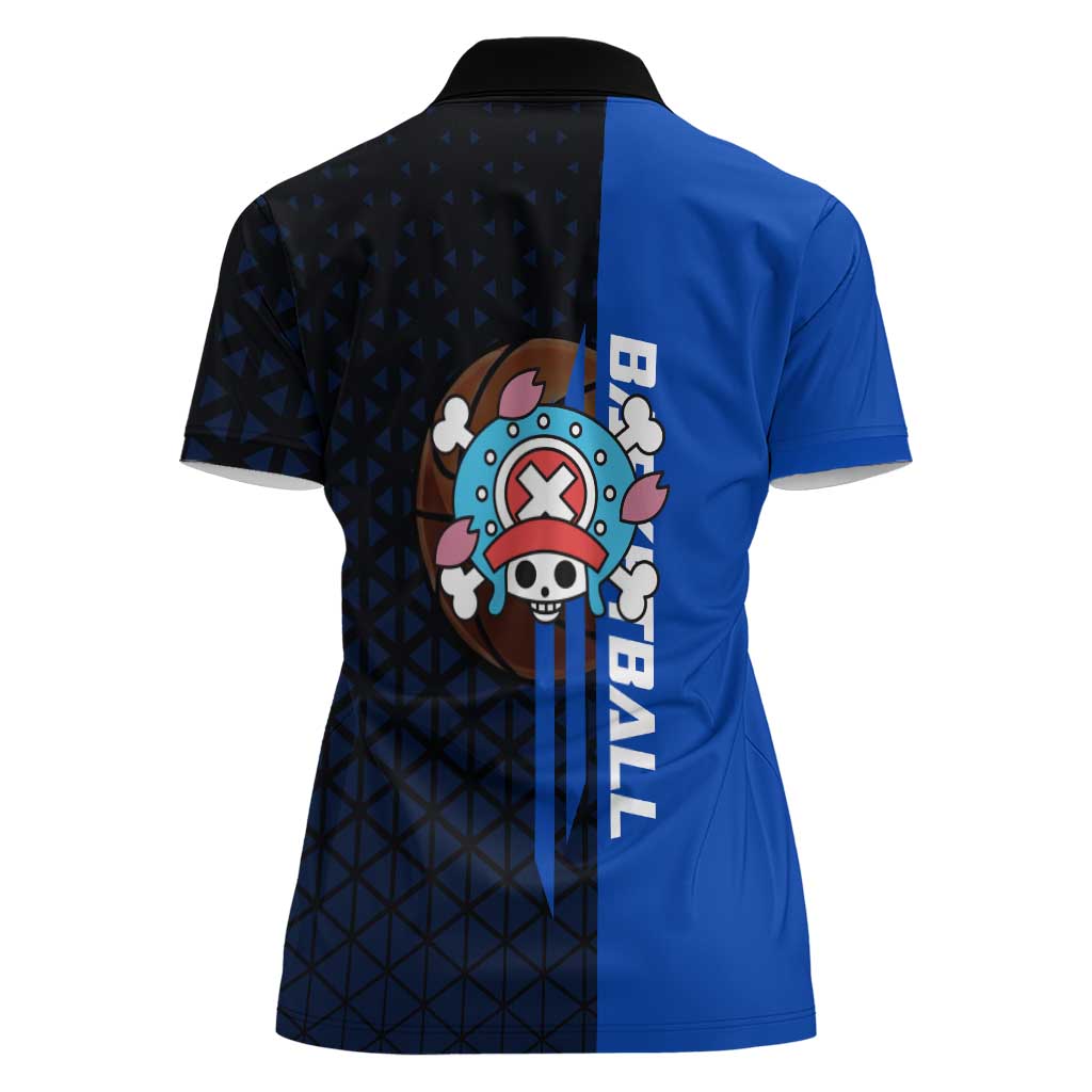 Tony Tony Chopper One Piece Basketball Theme Blue and Black Design Women Polo Shirt with Straw Hat Crew Emblem and Playful Pose - The Mazicc
