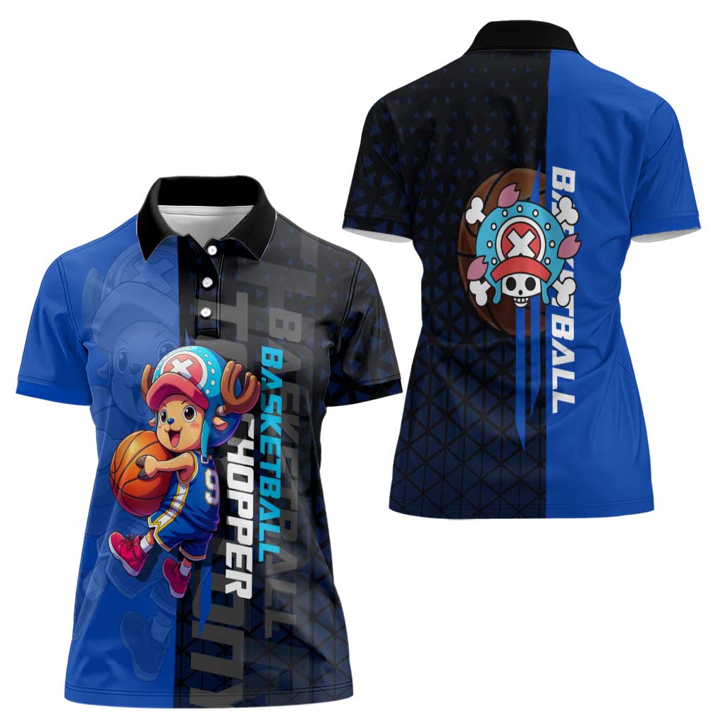 Tony Tony Chopper One Piece Basketball Theme Blue and Black Design Women Polo Shirt with Straw Hat Crew Emblem and Playful Pose - The Mazicc