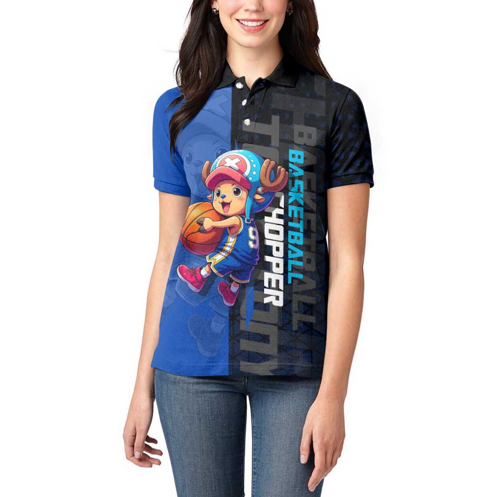 Tony Tony Chopper One Piece Basketball Theme Blue and Black Design Women Polo Shirt with Straw Hat Crew Emblem and Playful Pose - The Mazicc