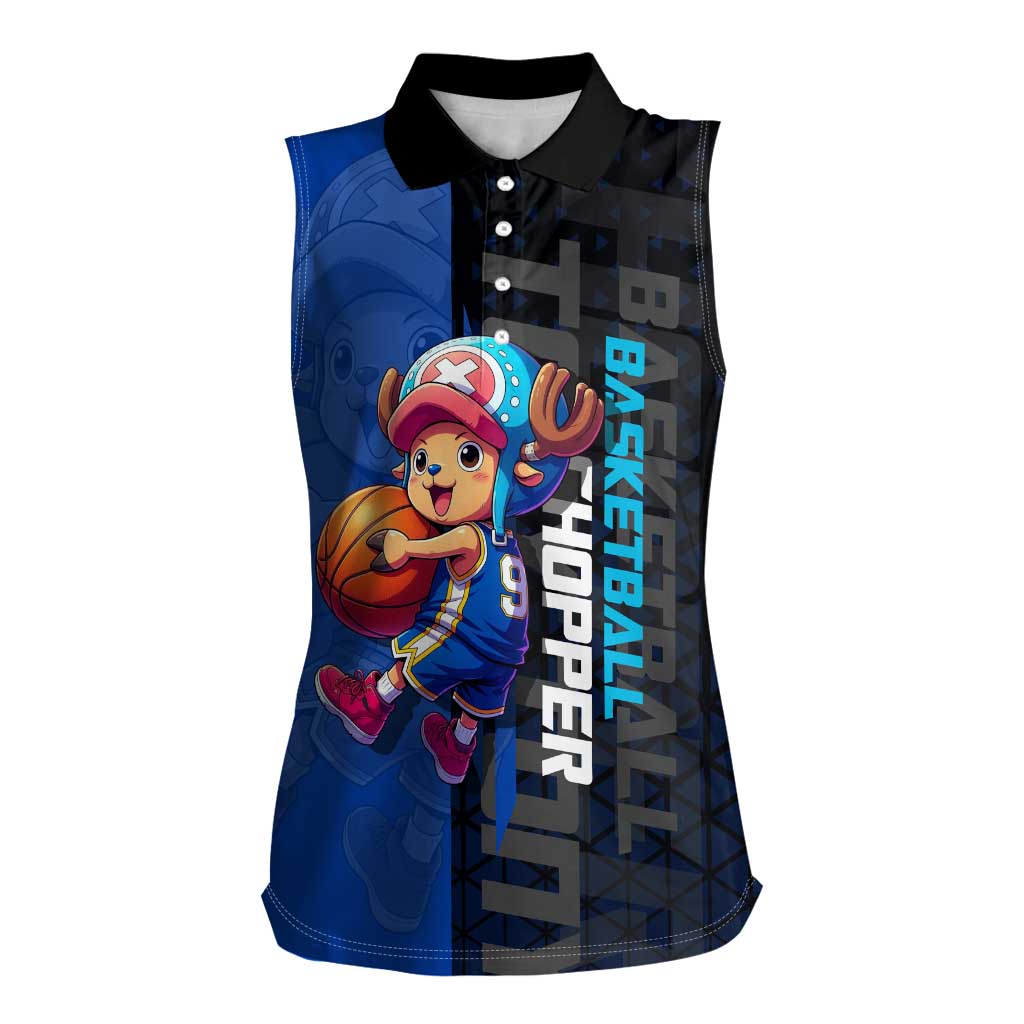 Tony Tony Chopper One Piece Basketball Theme Blue and Black Design Women Sleeveless Polo Shirt with Straw Hat Crew Emblem and Playful Pose - The Mazicc