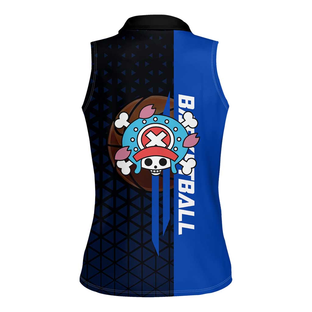 Tony Tony Chopper One Piece Basketball Theme Blue and Black Design Women Sleeveless Polo Shirt with Straw Hat Crew Emblem and Playful Pose - The Mazicc