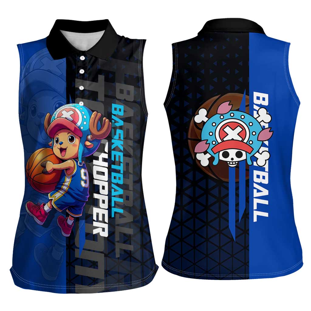 Tony Tony Chopper One Piece Basketball Theme Blue and Black Design Women Sleeveless Polo Shirt with Straw Hat Crew Emblem and Playful Pose - The Mazicc