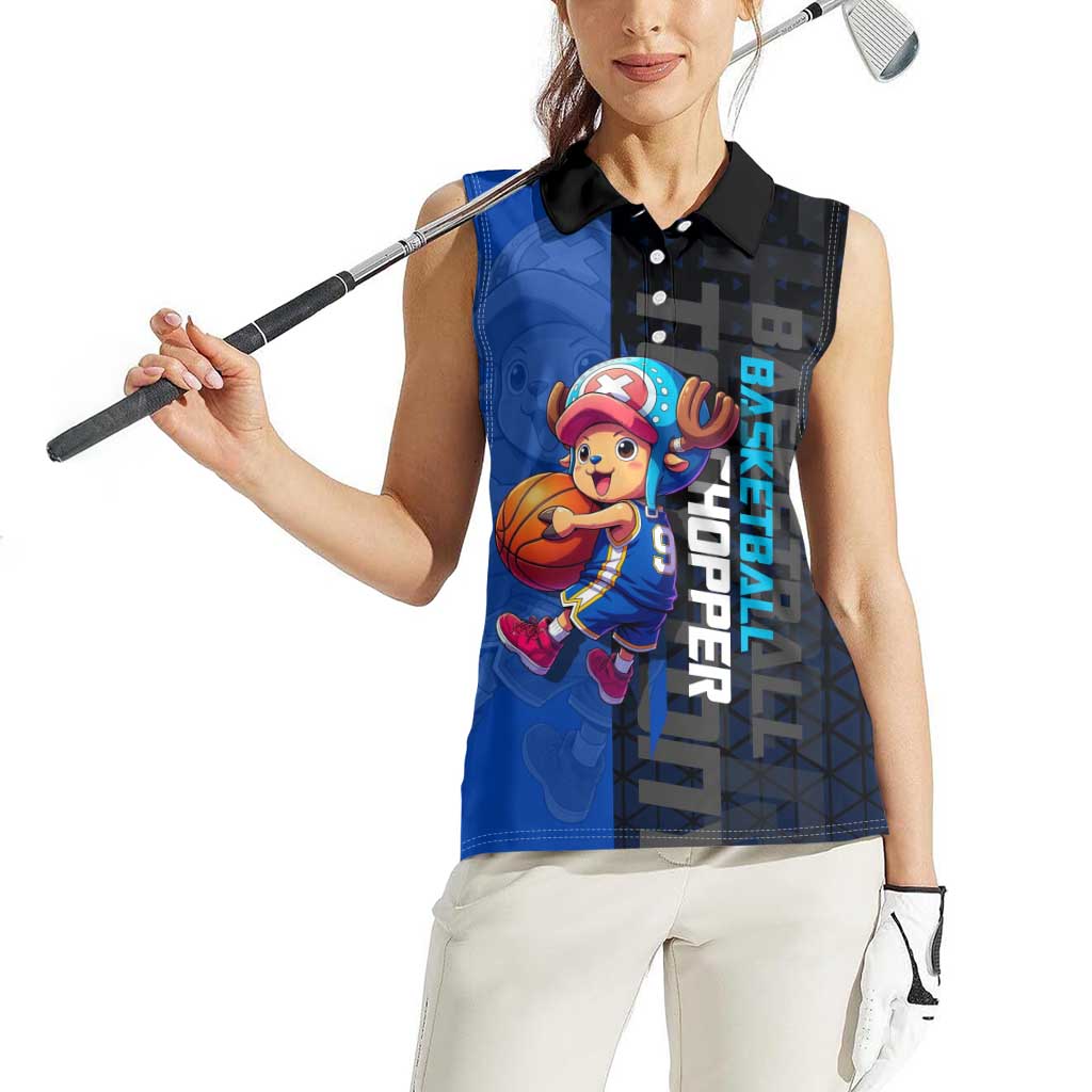 Tony Tony Chopper One Piece Basketball Theme Blue and Black Design Women Sleeveless Polo Shirt with Straw Hat Crew Emblem and Playful Pose - The Mazicc