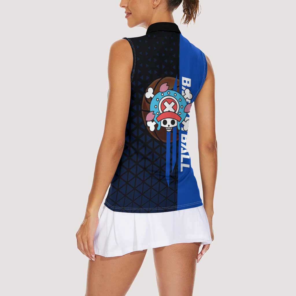 Tony Tony Chopper One Piece Basketball Theme Blue and Black Design Women Sleeveless Polo Shirt with Straw Hat Crew Emblem and Playful Pose - The Mazicc