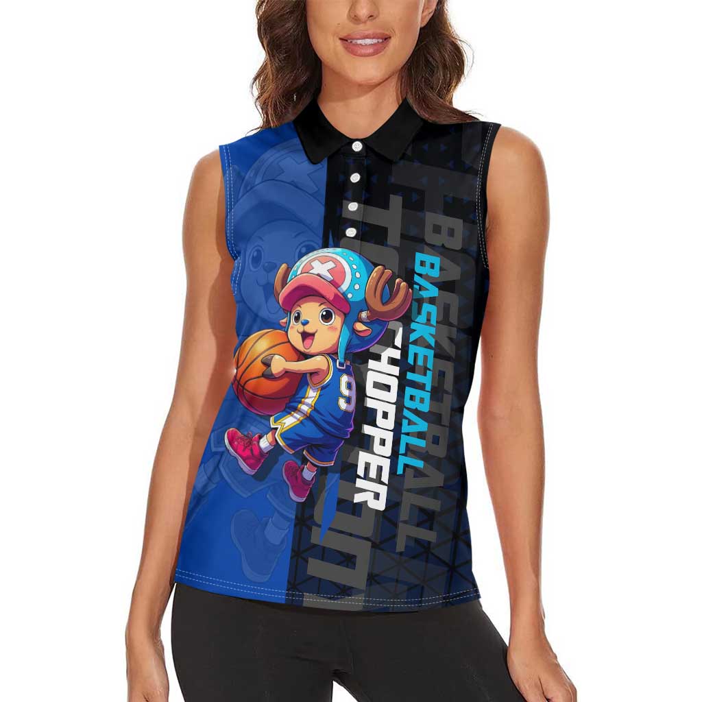 Tony Tony Chopper One Piece Basketball Theme Blue and Black Design Women Sleeveless Polo Shirt with Straw Hat Crew Emblem and Playful Pose - The Mazicc