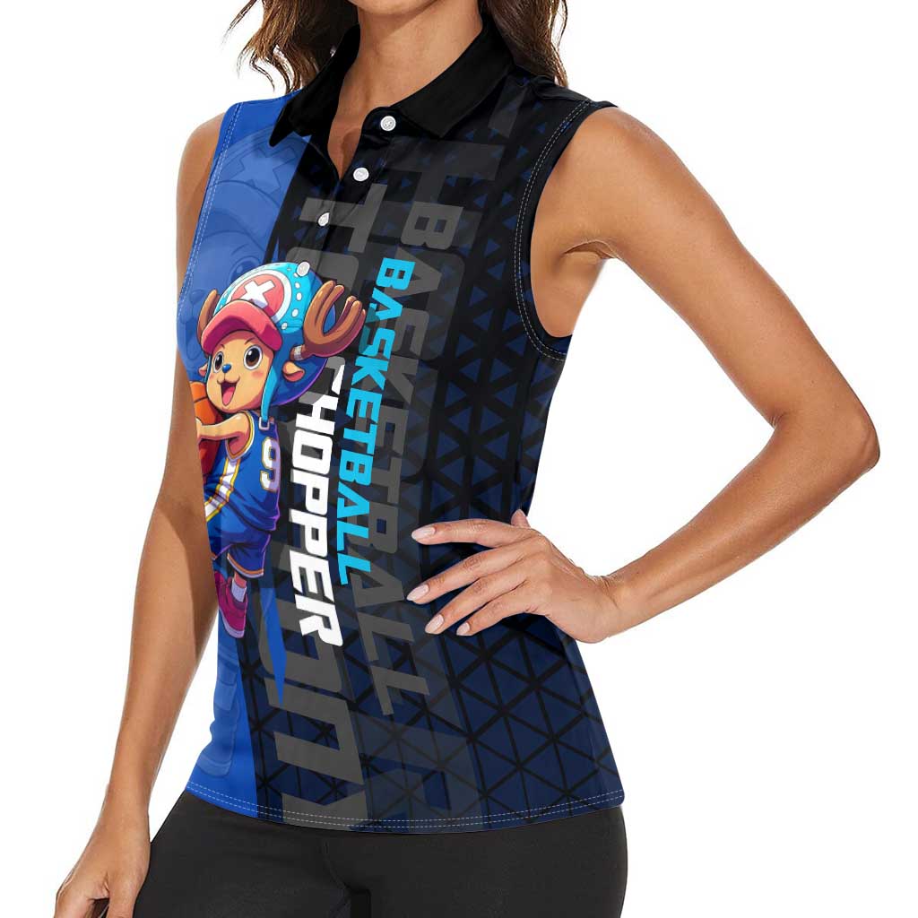 Tony Tony Chopper One Piece Basketball Theme Blue and Black Design Women Sleeveless Polo Shirt with Straw Hat Crew Emblem and Playful Pose - The Mazicc