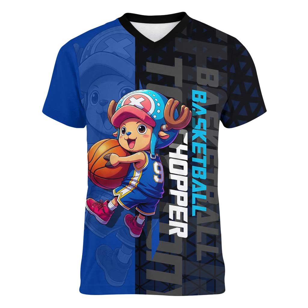 Tony Tony Chopper One Piece Basketball Theme Blue and Black Design Women V-Neck T-Shirt with Straw Hat Crew Emblem and Playful Pose - The Mazicc