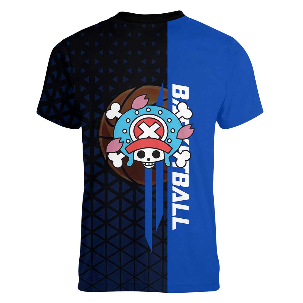 Tony Tony Chopper One Piece Basketball Theme Blue and Black Design Women V-Neck T-Shirt with Straw Hat Crew Emblem and Playful Pose - The Mazicc