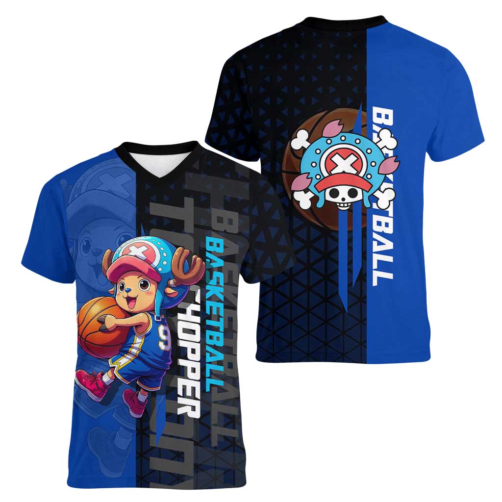 Tony Tony Chopper One Piece Basketball Theme Blue and Black Design Women V-Neck T-Shirt with Straw Hat Crew Emblem and Playful Pose - The Mazicc