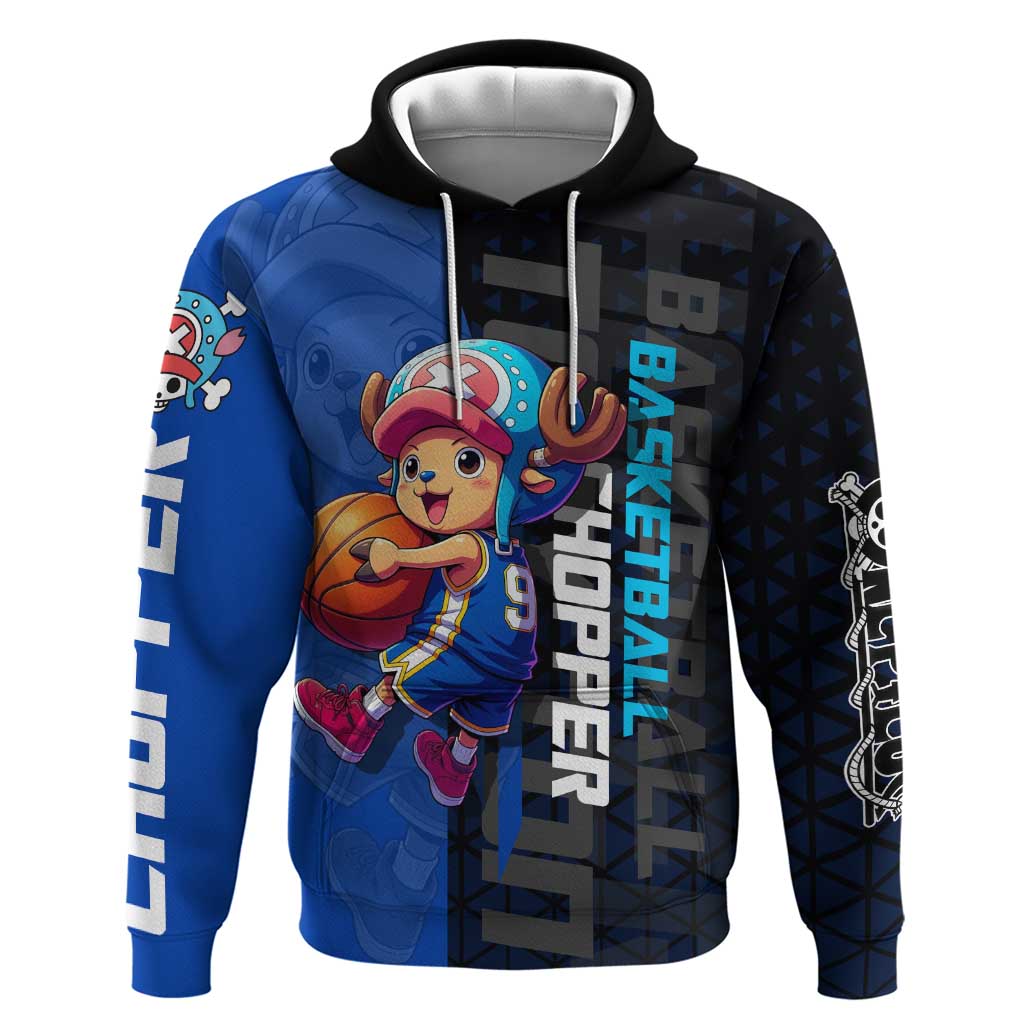 Tony Tony Chopper One Piece Basketball Theme Blue and Black Design Zip Hoodie with Straw Hat Crew Emblem and Playful Pose - The Mazicc