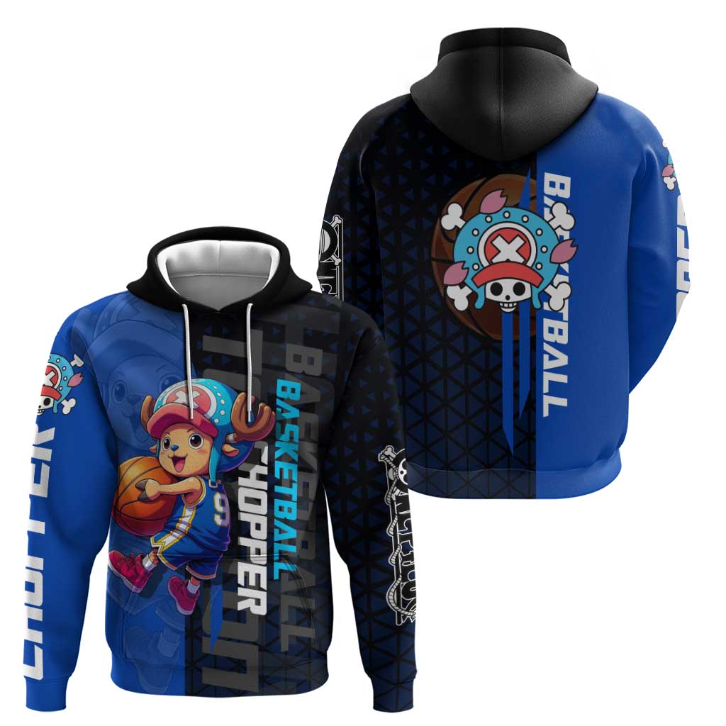 Tony Tony Chopper One Piece Basketball Theme Blue and Black Design Zip Hoodie with Straw Hat Crew Emblem and Playful Pose - The Mazicc