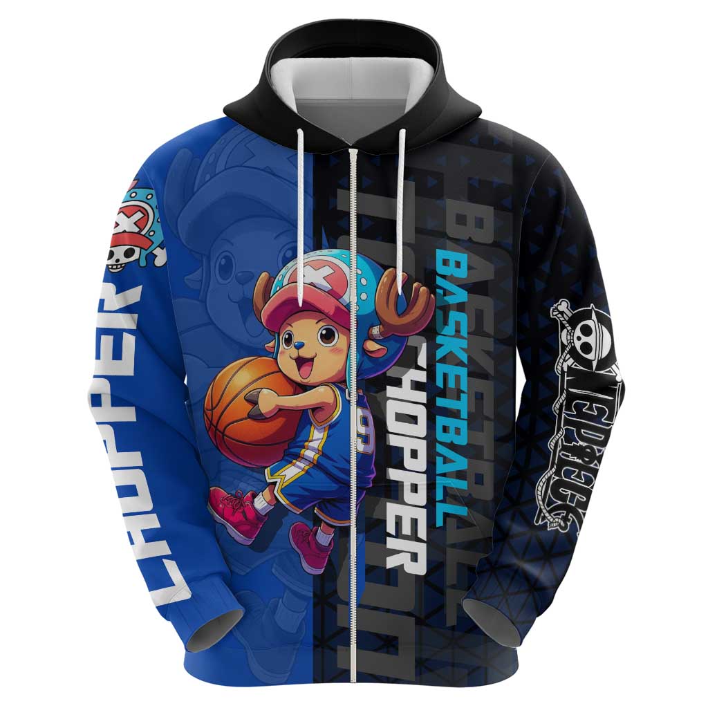Tony Tony Chopper One Piece Basketball Theme Blue and Black Design Zip Hoodie with Straw Hat Crew Emblem and Playful Pose - The Mazicc