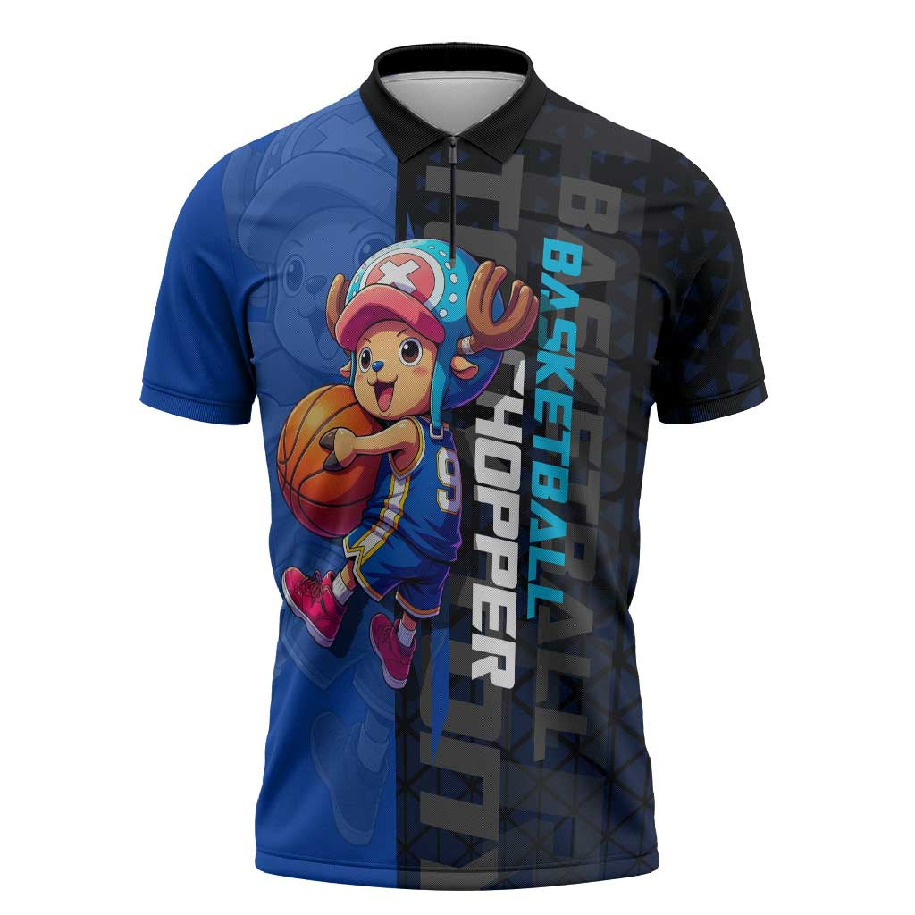 Tony Tony Chopper One Piece Basketball Theme Blue and Black Design Zipper Polo Shirt with Straw Hat Crew Emblem and Playful Pose - The Mazicc