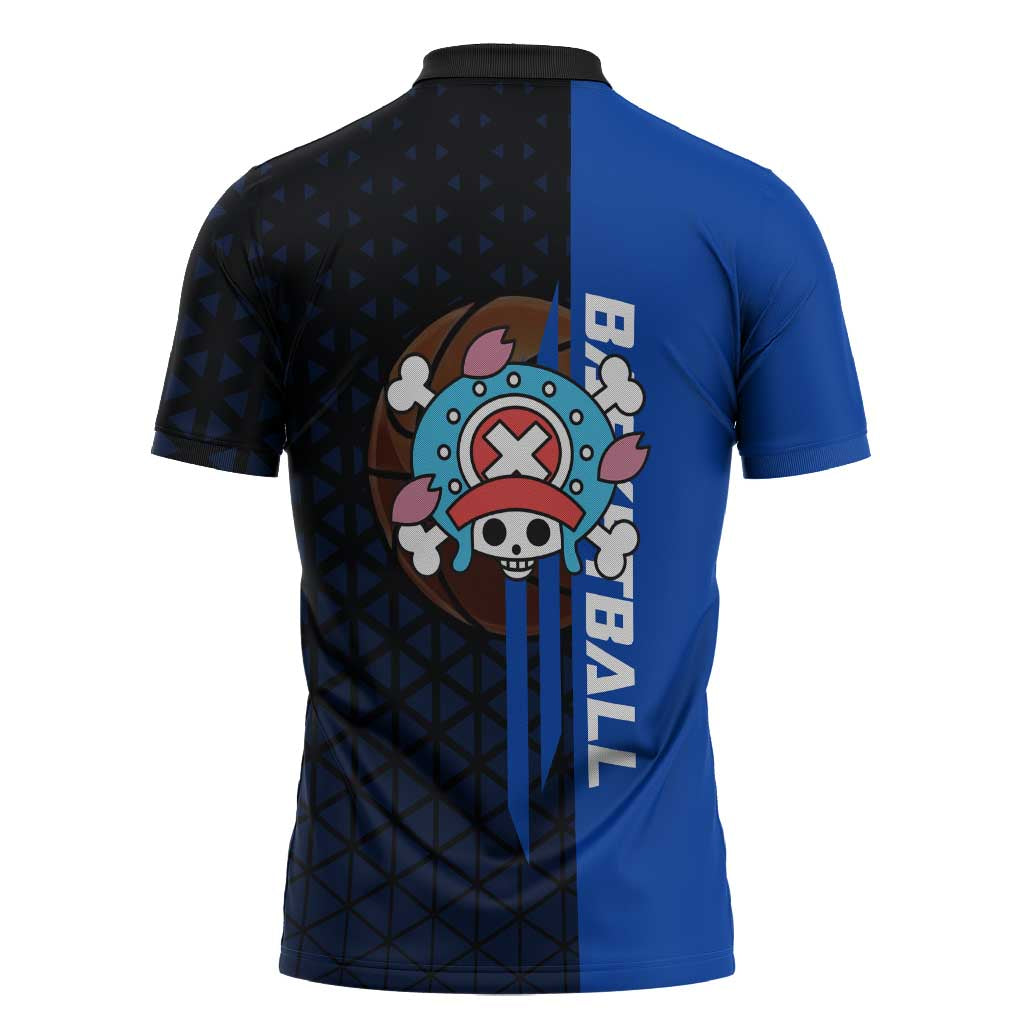 Tony Tony Chopper One Piece Basketball Theme Blue and Black Design Zipper Polo Shirt with Straw Hat Crew Emblem and Playful Pose - The Mazicc