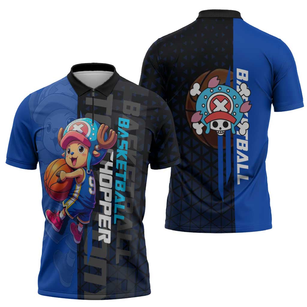 Tony Tony Chopper One Piece Basketball Theme Blue and Black Design Zipper Polo Shirt with Straw Hat Crew Emblem and Playful Pose - The Mazicc