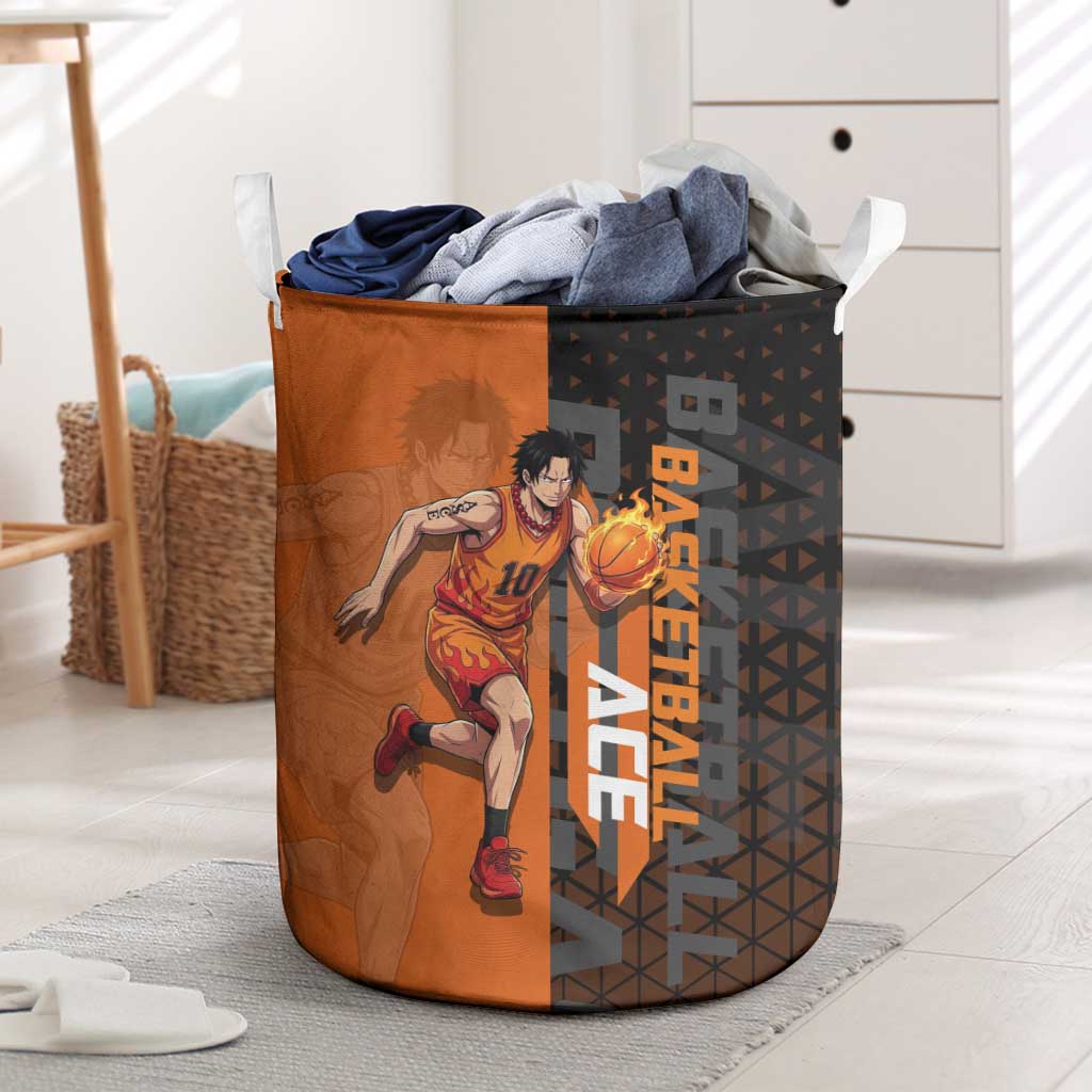 Portgas D Ace One Piece Basketball Theme Orange and Black Design Laundry Basket with Flame Ball and Whitebeard Pirates Emblem - The Mazicc