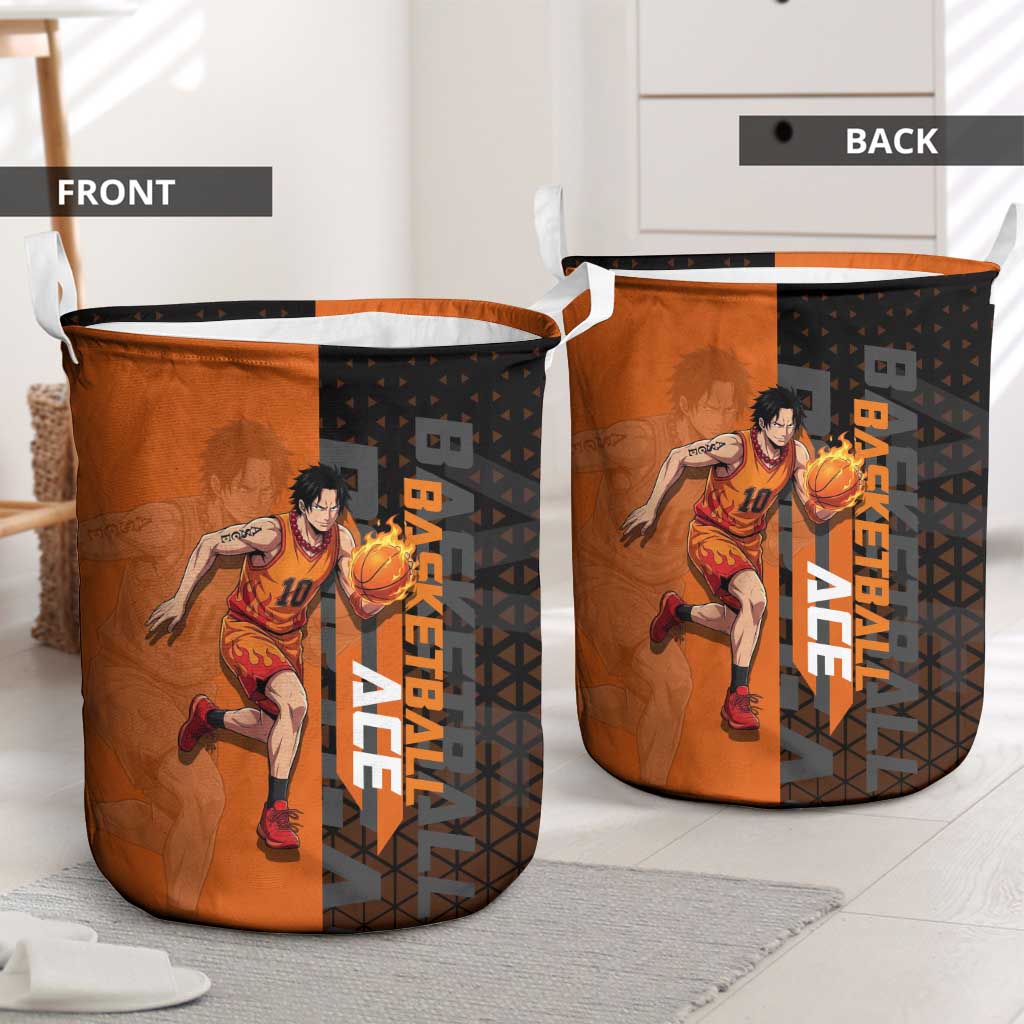 Portgas D Ace One Piece Basketball Theme Orange and Black Design Laundry Basket with Flame Ball and Whitebeard Pirates Emblem - The Mazicc