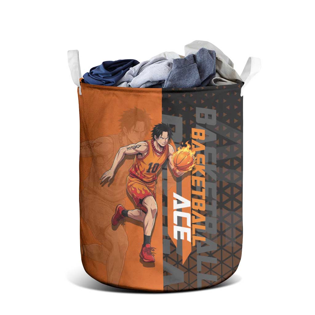Portgas D Ace One Piece Basketball Theme Orange and Black Design Laundry Basket with Flame Ball and Whitebeard Pirates Emblem - The Mazicc