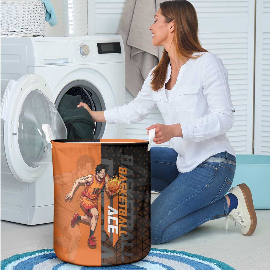 Portgas D Ace One Piece Basketball Theme Orange and Black Design Laundry Basket with Flame Ball and Whitebeard Pirates Emblem - The Mazicc