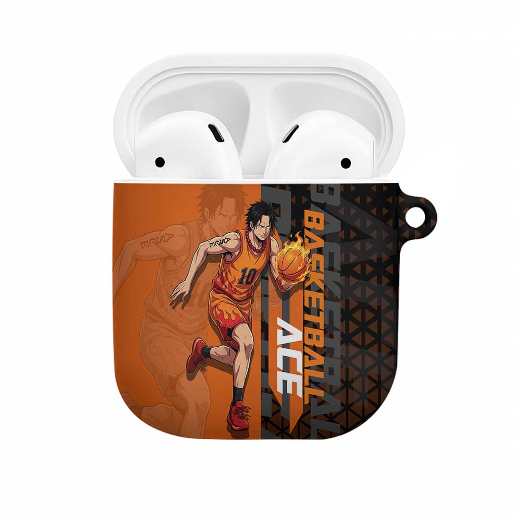 Portgas D Ace One Piece Basketball Theme Orange and Black Design AirPods Case with Flame Ball and Whitebeard Pirates Emblem - The Mazicc