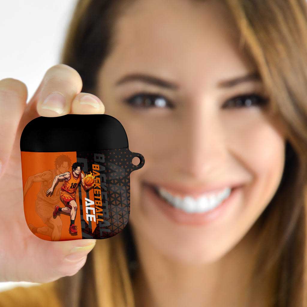 Portgas D Ace One Piece Basketball Theme Orange and Black Design AirPods Case with Flame Ball and Whitebeard Pirates Emblem - The Mazicc