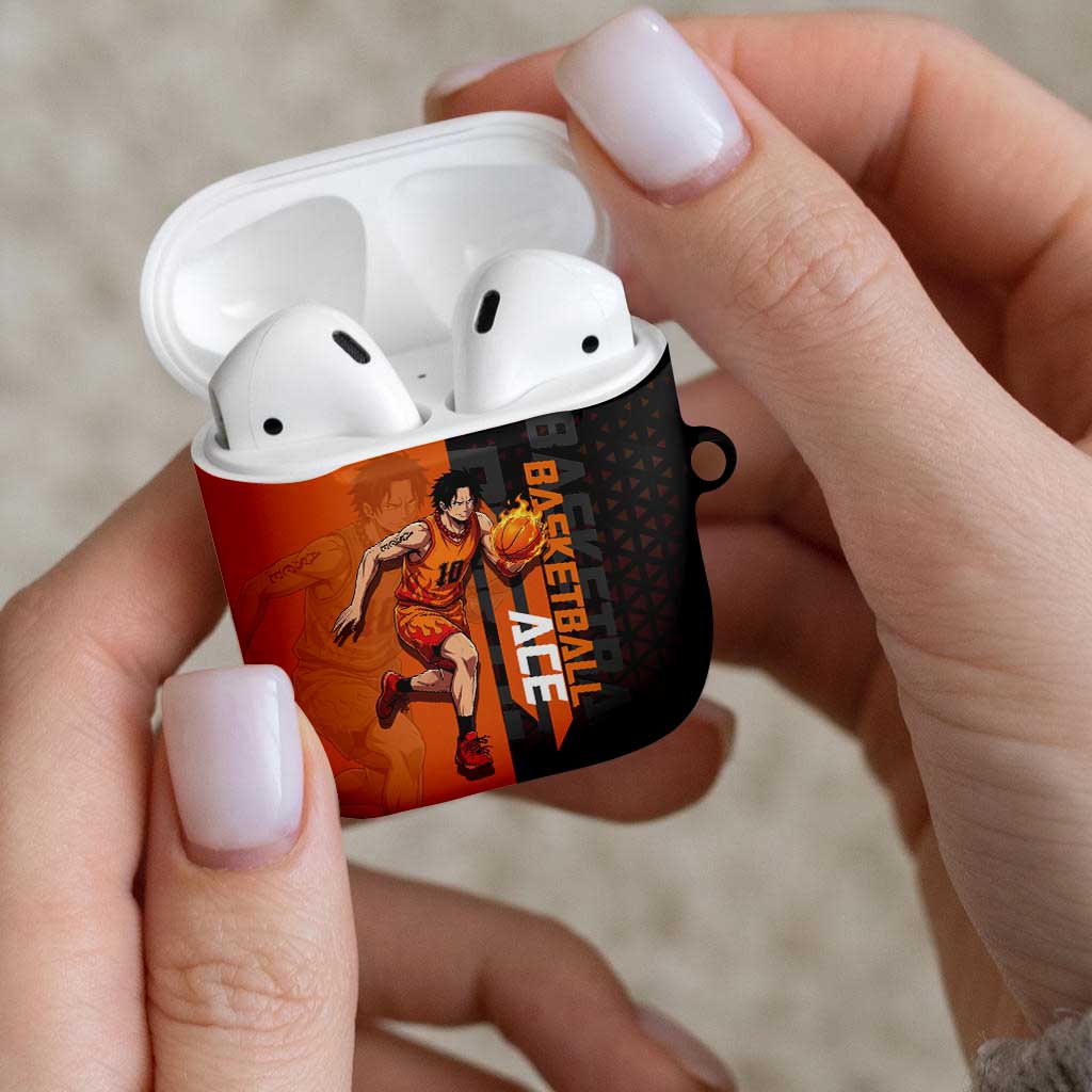 Portgas D Ace One Piece Basketball Theme Orange and Black Design AirPods Case with Flame Ball and Whitebeard Pirates Emblem - The Mazicc