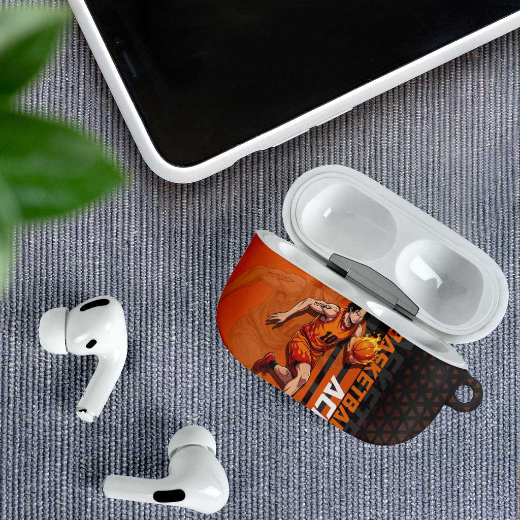 Portgas D Ace One Piece Basketball Theme Orange and Black Design AirPods Case with Flame Ball and Whitebeard Pirates Emblem - The Mazicc
