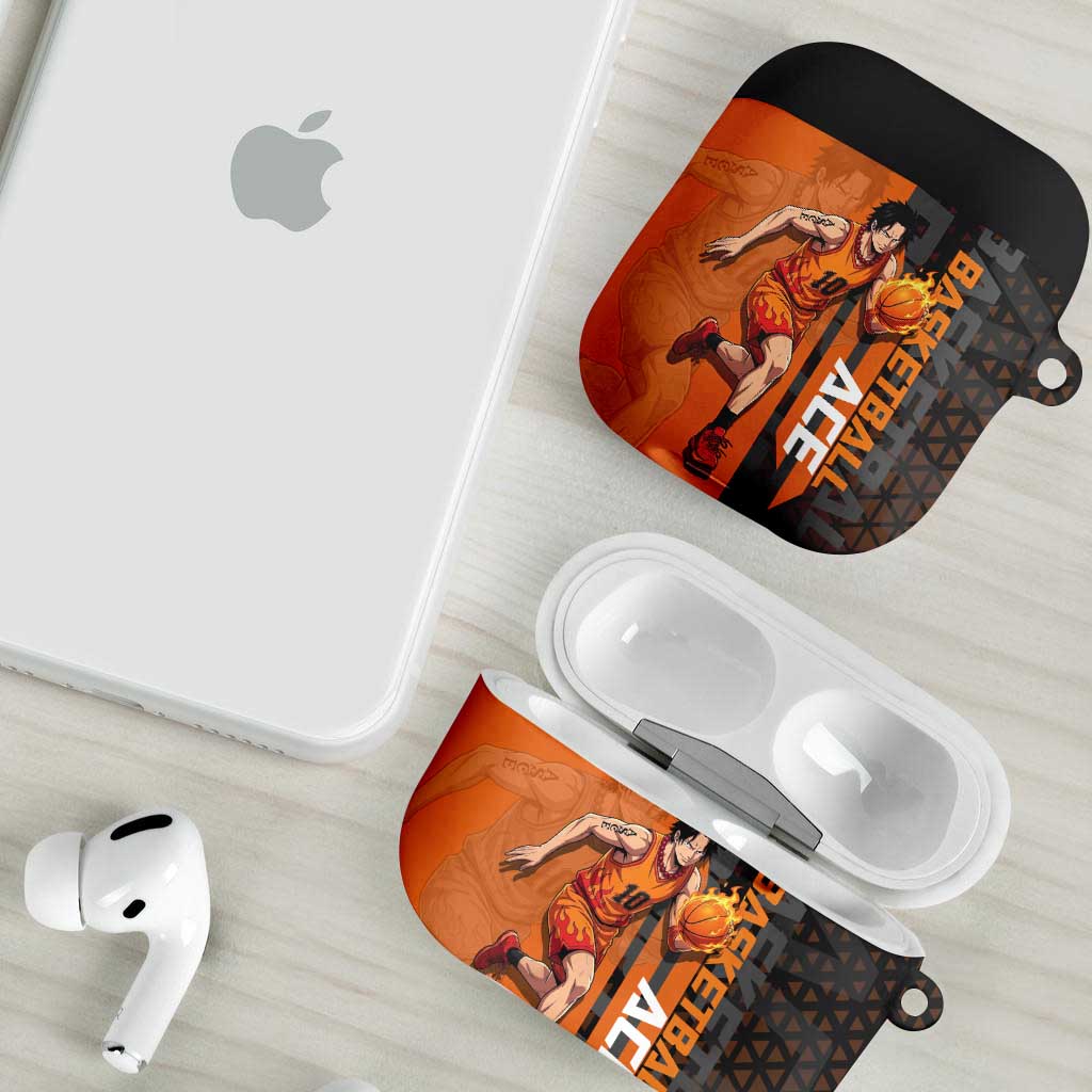 Portgas D Ace One Piece Basketball Theme Orange and Black Design AirPods Case with Flame Ball and Whitebeard Pirates Emblem - The Mazicc