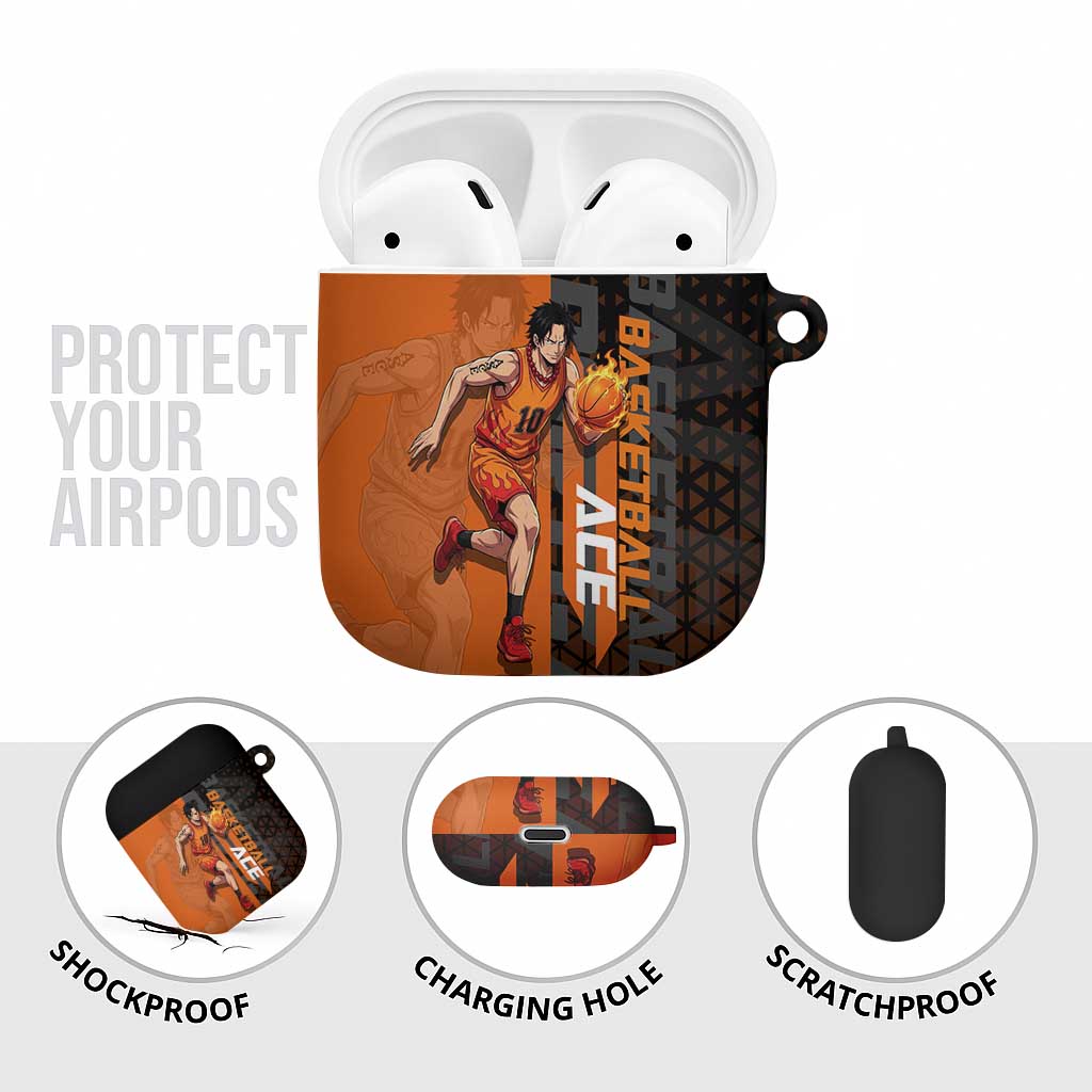 Portgas D Ace One Piece Basketball Theme Orange and Black Design AirPods Case with Flame Ball and Whitebeard Pirates Emblem - The Mazicc