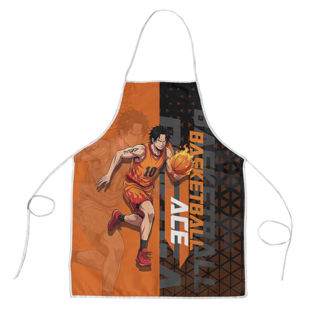 Portgas D Ace One Piece Basketball Theme Orange and Black Design Apron with Flame Ball and Whitebeard Pirates Emblem - The Mazicc