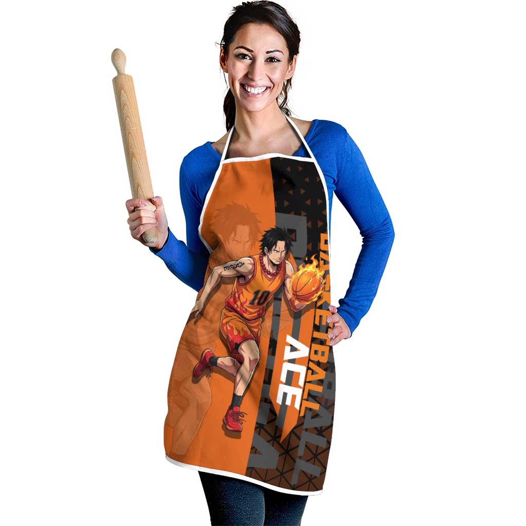 Portgas D Ace One Piece Basketball Theme Orange and Black Design Apron with Flame Ball and Whitebeard Pirates Emblem - The Mazicc