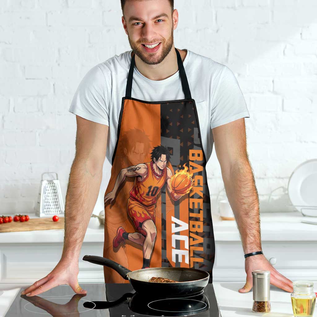 Portgas D Ace One Piece Basketball Theme Orange and Black Design Apron with Flame Ball and Whitebeard Pirates Emblem - The Mazicc