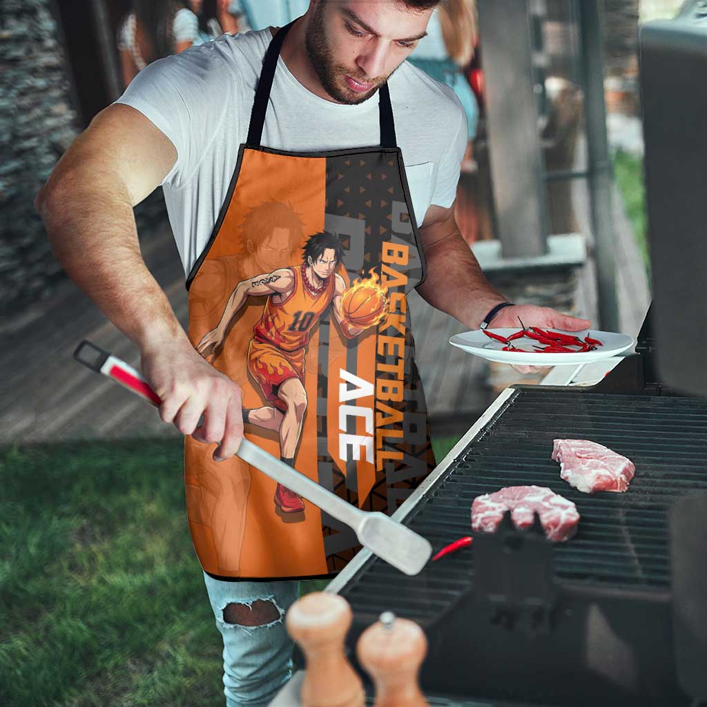 Portgas D Ace One Piece Basketball Theme Orange and Black Design Apron with Flame Ball and Whitebeard Pirates Emblem - The Mazicc