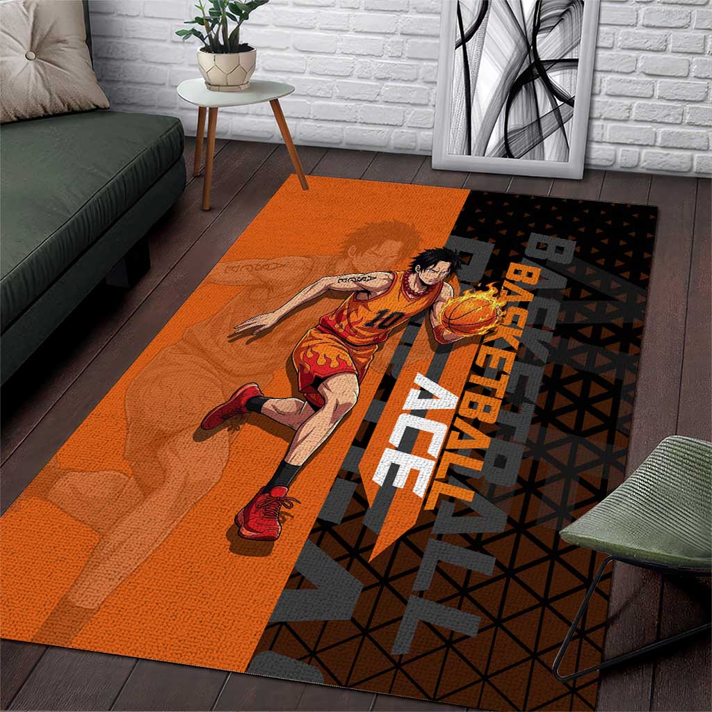 Portgas D Ace One Piece Basketball Theme Orange and Black Design Area Rug with Flame Ball and Whitebeard Pirates Emblem - The Mazicc
