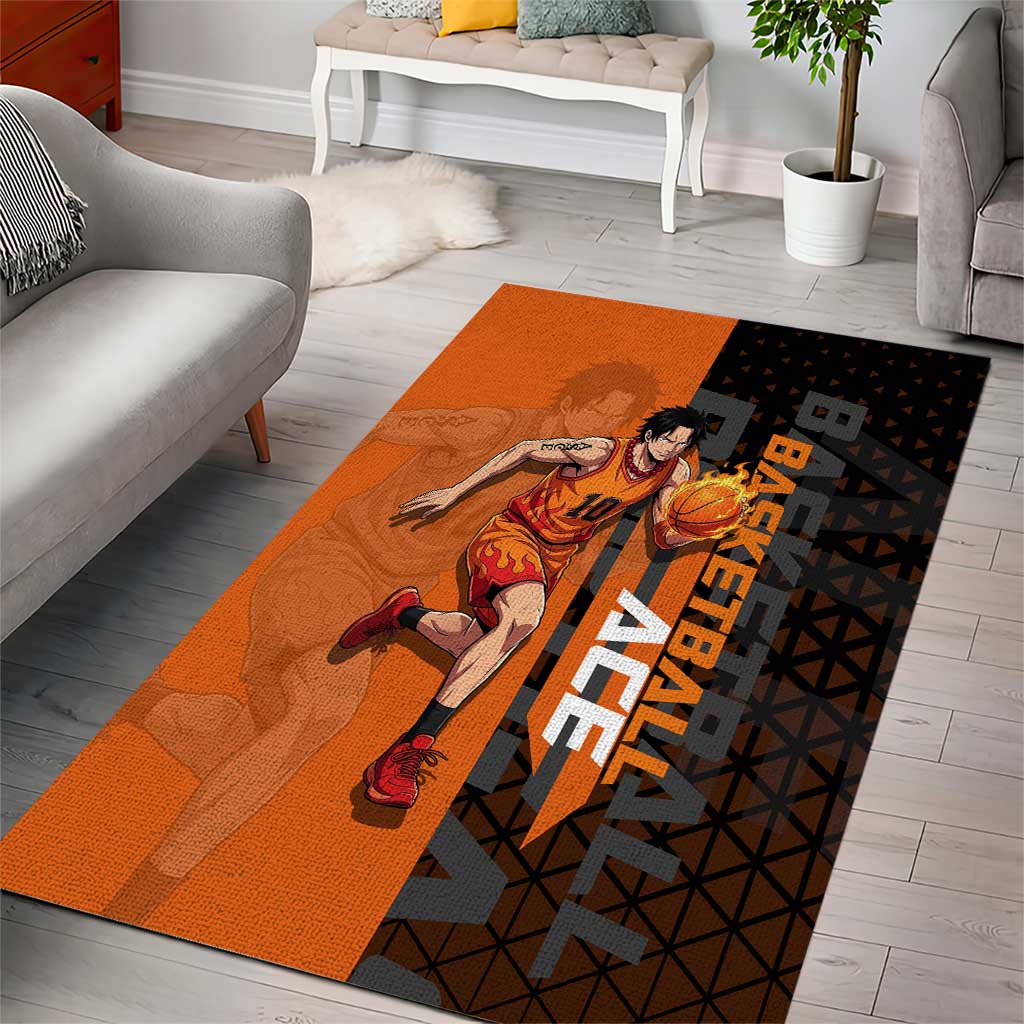 Portgas D Ace One Piece Basketball Theme Orange and Black Design Area Rug with Flame Ball and Whitebeard Pirates Emblem - The Mazicc