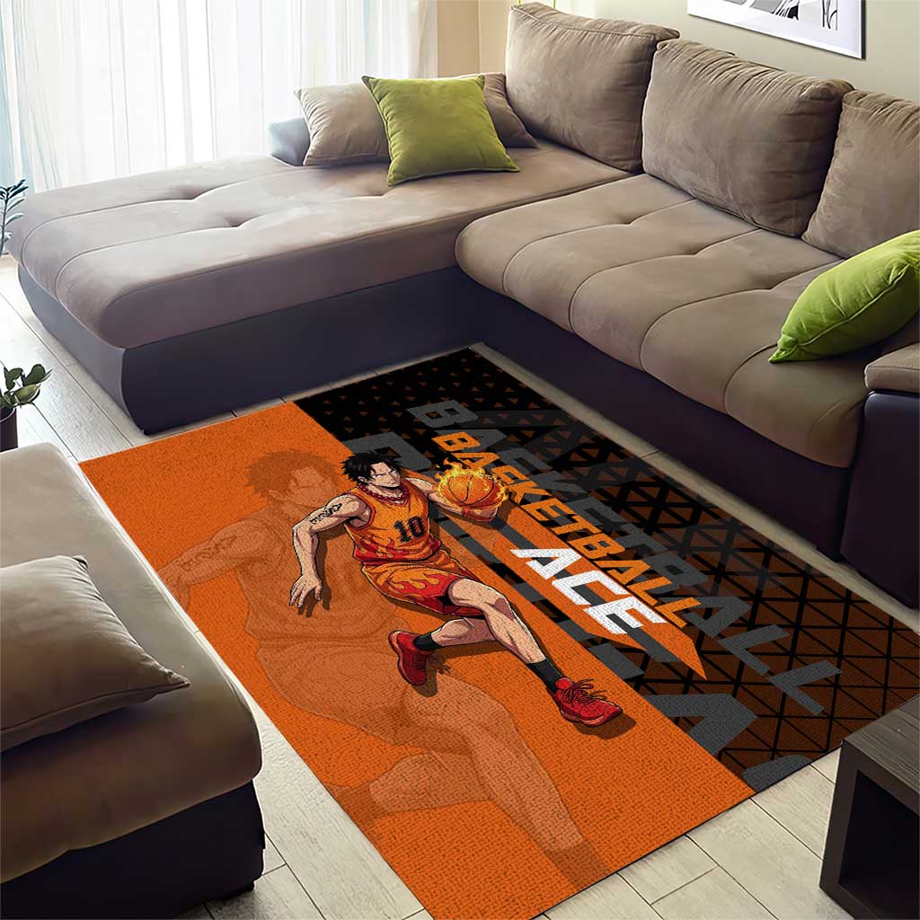 Portgas D Ace One Piece Basketball Theme Orange and Black Design Area Rug with Flame Ball and Whitebeard Pirates Emblem - The Mazicc