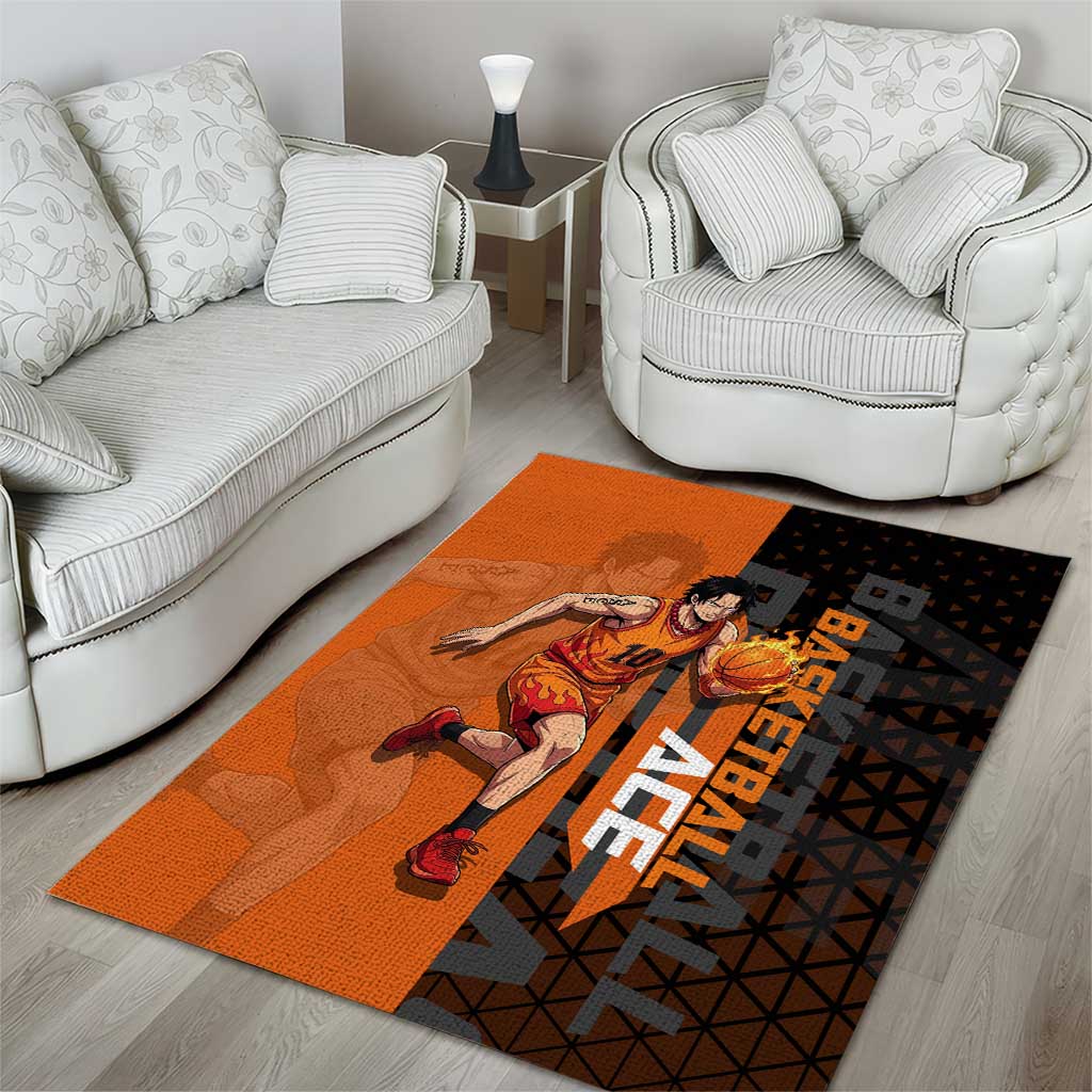 Portgas D Ace One Piece Basketball Theme Orange and Black Design Area Rug with Flame Ball and Whitebeard Pirates Emblem - The Mazicc