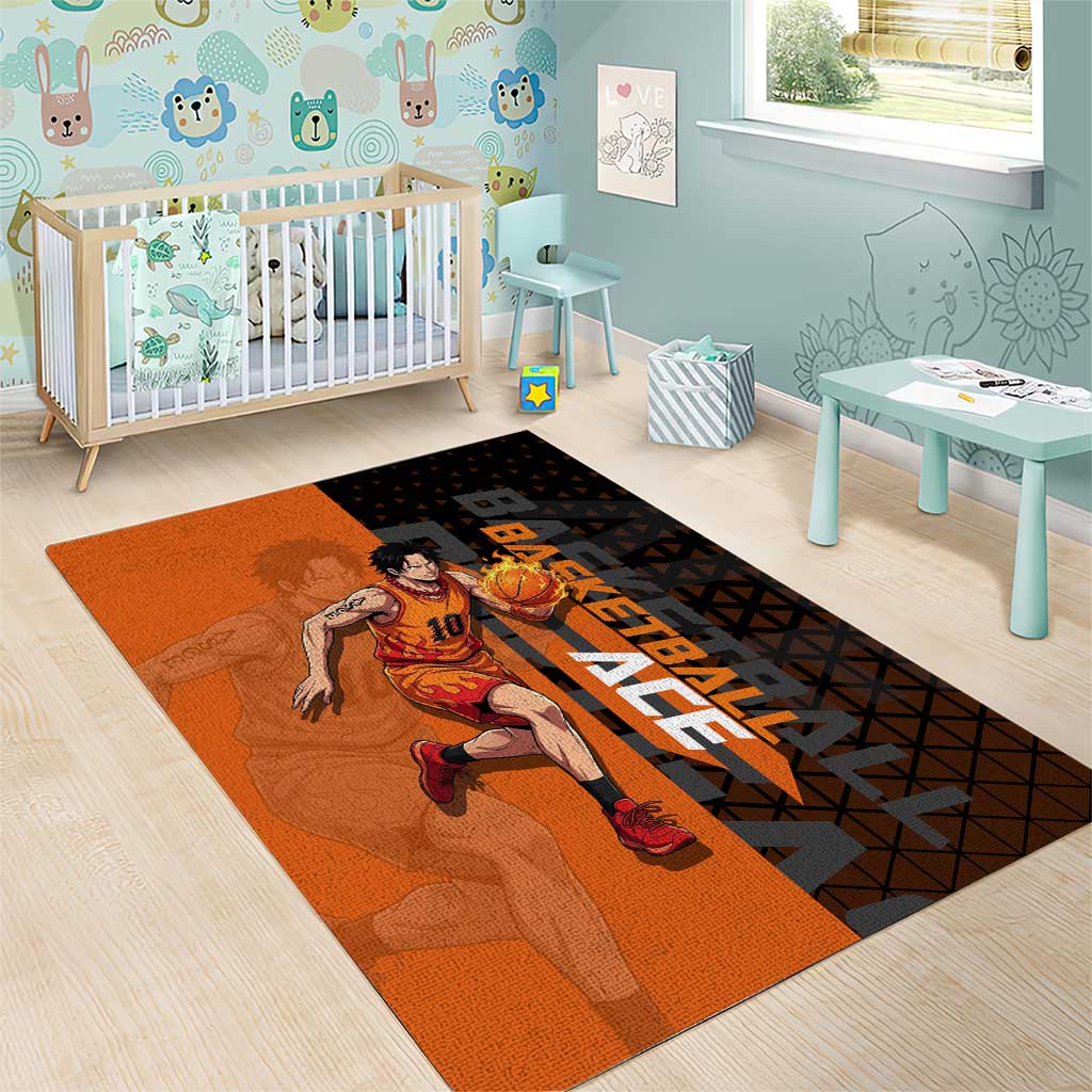 Portgas D Ace One Piece Basketball Theme Orange and Black Design Area Rug with Flame Ball and Whitebeard Pirates Emblem - The Mazicc