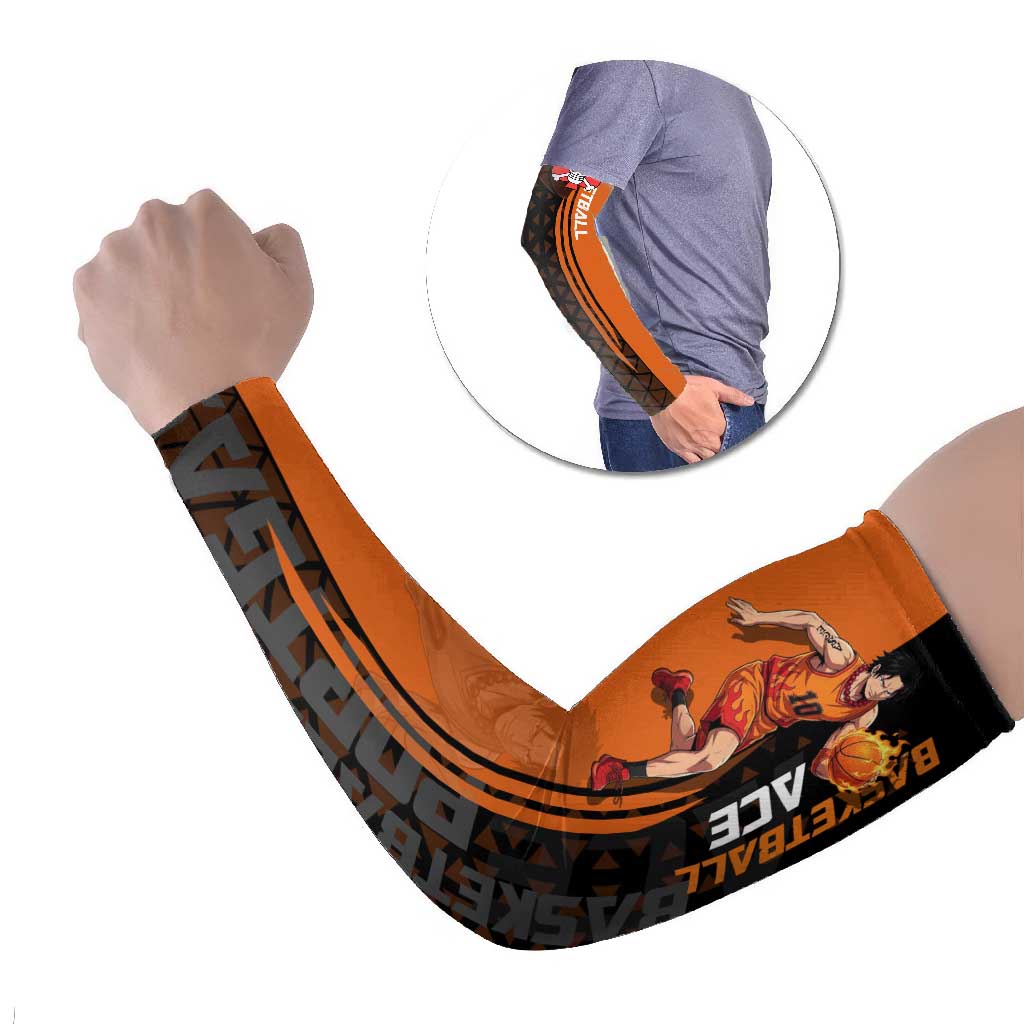 Portgas D Ace One Piece Basketball Theme Orange and Black Design Arm Sleeves with Flame Ball and Whitebeard Pirates Emblem - The Mazicc